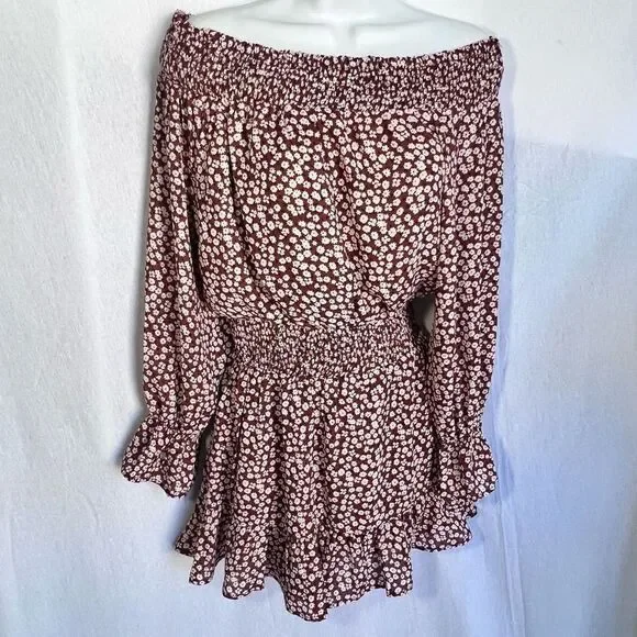 Falling Love Women's Brown Off The Shoulder Ruffle Cinched Waist Romper Size Sma - Picture 1 of 8